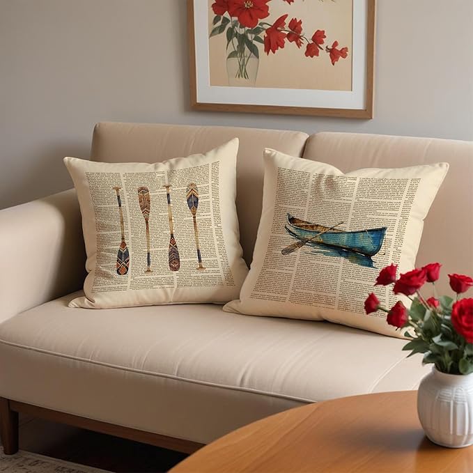 Vintage Lake House Pillow Covers 18x18, Lake House Decor for The Home Room, Boat Paddle Throw Pillow Covers Set of 2, Lake Life Decor Gifts, Lake House Gifts for New Home