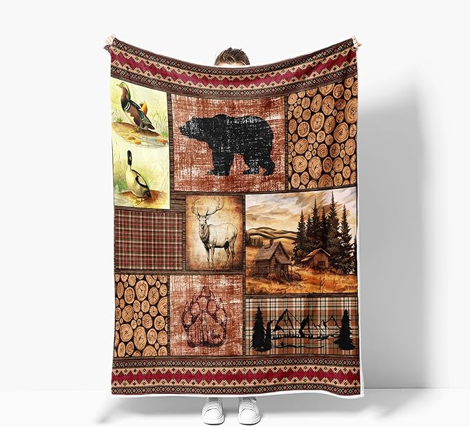 Torich Rustic Cabin Throw Blankets, Forest Bear Deer Wildlife Country Lodge Cozy Warm Bed Couch Blanket, Hunting Camping Animal White Fleece Flannel Throws to Decorate Room and Bedroom