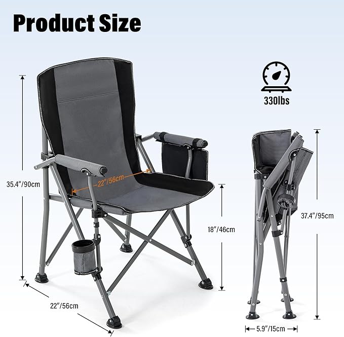 Lamberia Camping Chair for Adults, Heavy Duty 330lbs Capacity Folding Chairs for Outdoor, 600D Oxford Mesh High Back Camping Chairs with Arm Rest Cup Holder and Portable Carrying Bag(Light Grey)