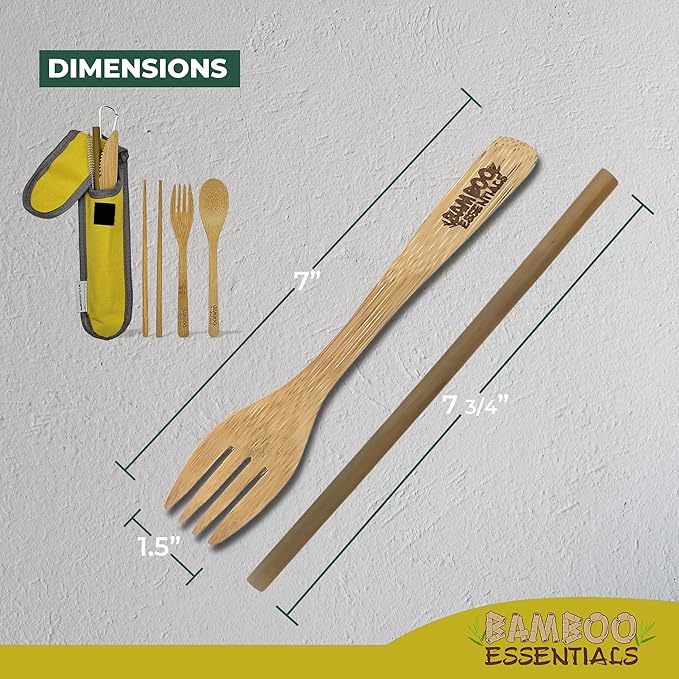 Travel Utensils with Case Set Fork, Knife, Spoon, Chopsticks, Straw, Straw-cleaning brush, Travel Pouch and Carabiner, Excellent For Everyday Use! ((1Set) Sunrise Yellow)