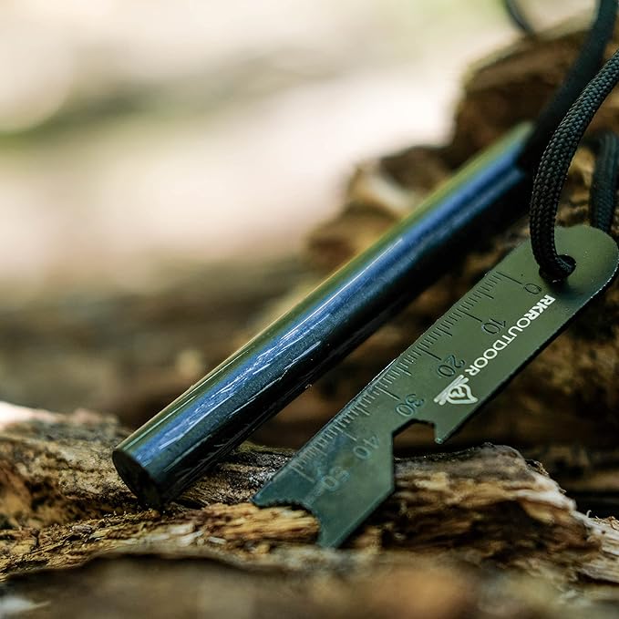 Ferro Rod Flint Fire Starter Kit + Tinder Wick Bellow with Sliding Box - 4" Length 1/2” Thick Ferro Rod with Multi-Tool Striker and Paracord Lanyard + Hemp Wick with Bellow + Sliding Box