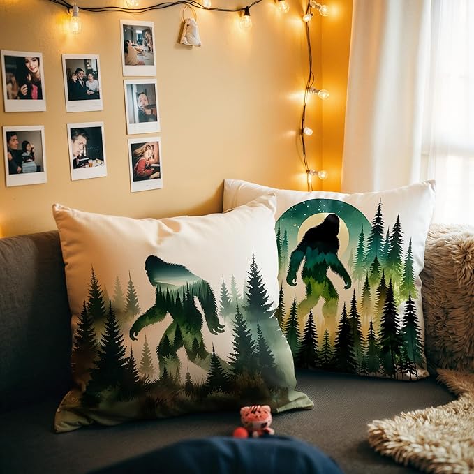 Funny Bigfoot Sasquatch Forest Throw Pillow Covers 18x18 Set of 2,Camper Decor Pillowcase,Big Foot Sasquatch Gifts,Camping Camper Bigfoot Gifts for Women（92）