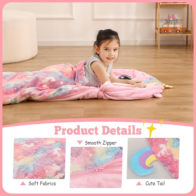 Kids Sleeping Bag, Plush Toddler Slumber Bag 2-in-1 Pillow, Soft Sleeping Bag, Nap Mats for Preschool,Daycare,Travel,Gift, Ages 3-12