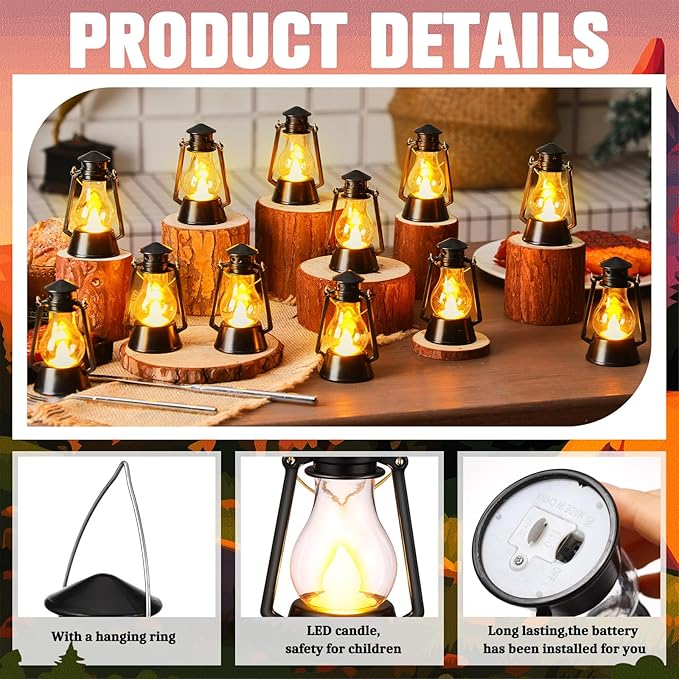 Ferraycle 12 Pcs Mini Lantern for Centerpiece Western Wedding Decor 4 Inch Camping Decorative with LED Candle Vintage Hanging Lantern Ornaments Bulk for Cowboy Cowgirl Xmas Party Decoration (Black)