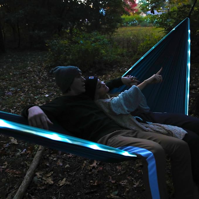 Equip Outdoors Portable Camping Illuminated Hammock, Hanging Kit Included, Two Person Light Up Hammock, Blue, 124'' L x 77'' W (99554)