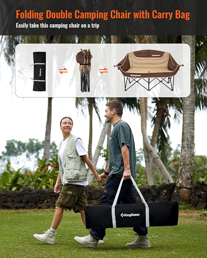 KingCamp Double Camping Chair, Oversized 880lbs Heavy Duty Loveseat for Adults Portable Folding XL 2 Person Couch Padded Comfortable Two Seat with Cup Holder for Outdoor Lawn Backyard, Khaki/Coffee