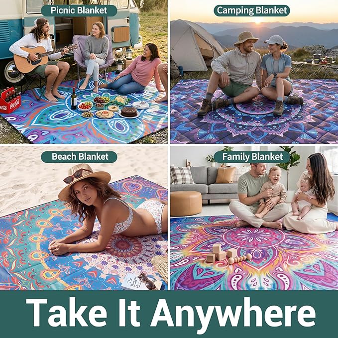 60x80" Extra Large Picnic Blankets Waterproof Sandproof Couple Outdoor Beach Blanket Foldable Grass Park Lawn Concert Mat Summer Camping Essentials Rv Travel Vacation Accessories Festival Gift