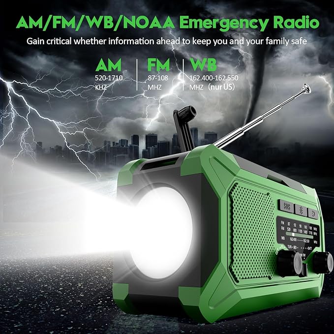 Emergency Hand Crank Weather Radio,Toolchums 10000mAh AM/FM/NOAA Solar Powered Radio with Phone Charger, USB Charged, LED Flashlight Reading Lamp Headphone Jack, SOS Alarm
