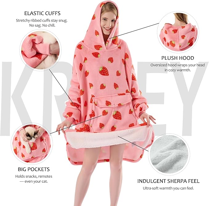 Krifey Wearable Blanket Hoodie, Oversized Sherpa Fleece Sweatshirt with Giant Pocket, Birthday Gifts for Women, Mom, Sister, Strawberry