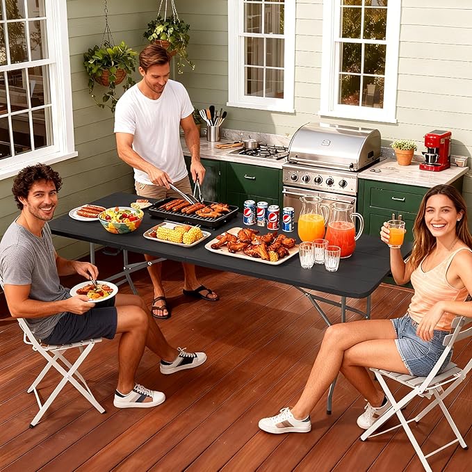 FDW 6 Foot Folding Table, Portable Plastic Table with Carrying Handle Perfect for Indoor, Outdoor, Party, Dining, Wedding, Events, Camping, Black Wood Grain