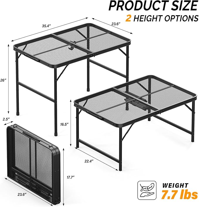 VINGLI Outdoor Grill Table, Folding Camping Table, 3 ft Portable Picnic Table Adjustable Height, Lightweight Aluminum Tables for Outside, Beach, Patio, Party, Black