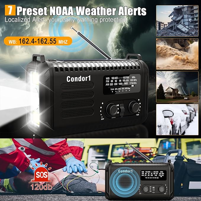 NOAA Weather Radio 20000mAh Battery Powered｜Solar Hand Crank Emergency Radio AM/FM｜USB-C Charger｜SOS Alarm｜Flashlight & Reading Lamp｜Hurricane Storm Power Outage Survival Emergencies (Black)