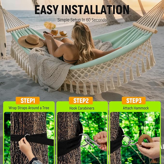 Portable Hammock,Bohemian Hammock,Rope Hammock,Suitable,Yard, Beach, Backyard,Garden (Khaki) 79 * 39