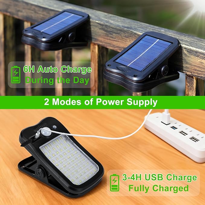Clip on Solar Lights Outdoor Motion Sensor Lights 60 LEDs, 3 Modes, Dual Charging, Portable Waterproof Security Light for Fence, Deck, Camping, Grill (2 Pack)