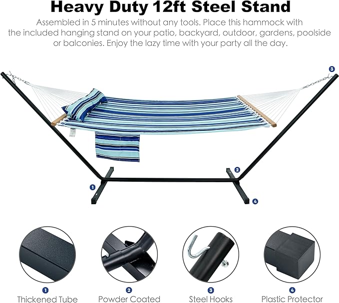 GAFETE 2 Person Hammock with Stand for Outside, Heavy Duty Steel Stand, Double 55inch Hammocks, Large Removable Pillow, Storage Bags, Max 475 lbs Capacity (Pacific Stripe Blue)