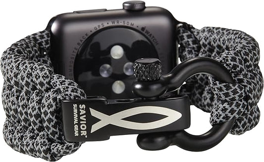 Savior Survival Gear Paracord Watch Band, Compatible with Apple Watch Band 49mm 46mm 45mm 44mm 42mm, iWatch Band Series Ultra 10 9 8 7 6 5 4 3 2 1 SE, Adjustable strap for men (Black Reflective,Large)