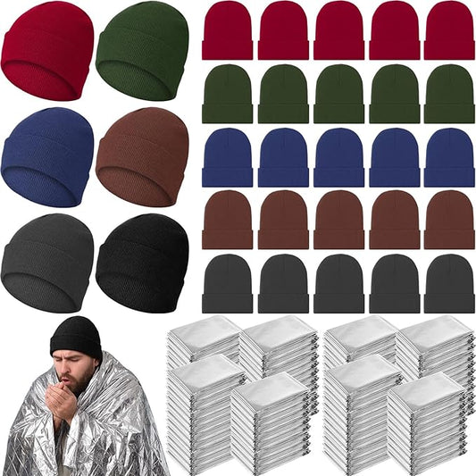 Cutecrop 120 Pcs/60 Sets Homeless Care Package Supplies Bulk Winter Beanie Hat Emergency Thermal Blankets for Charity Donation