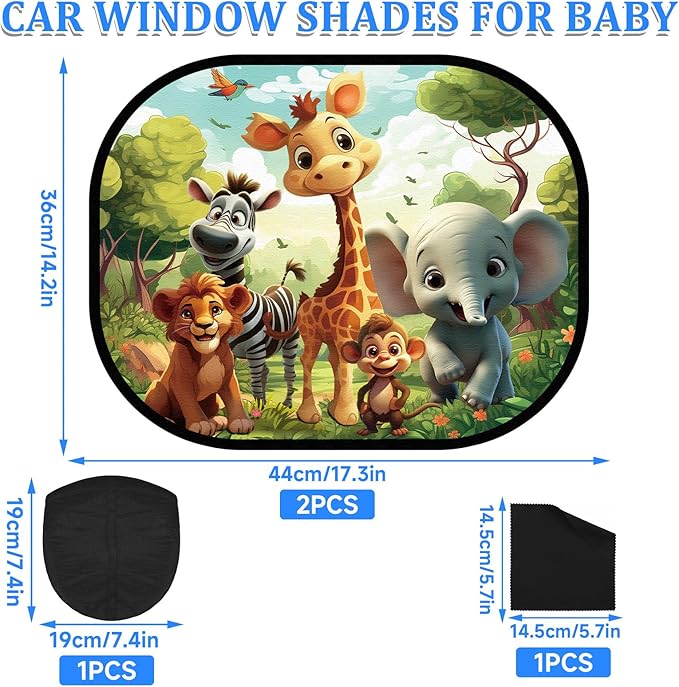 JUNEBRUSHS 2 Pack Car Window Shade With UV Protection for Baby - 17.6 x 14.4 Inches Sun Shade With Cute Animal Designs
