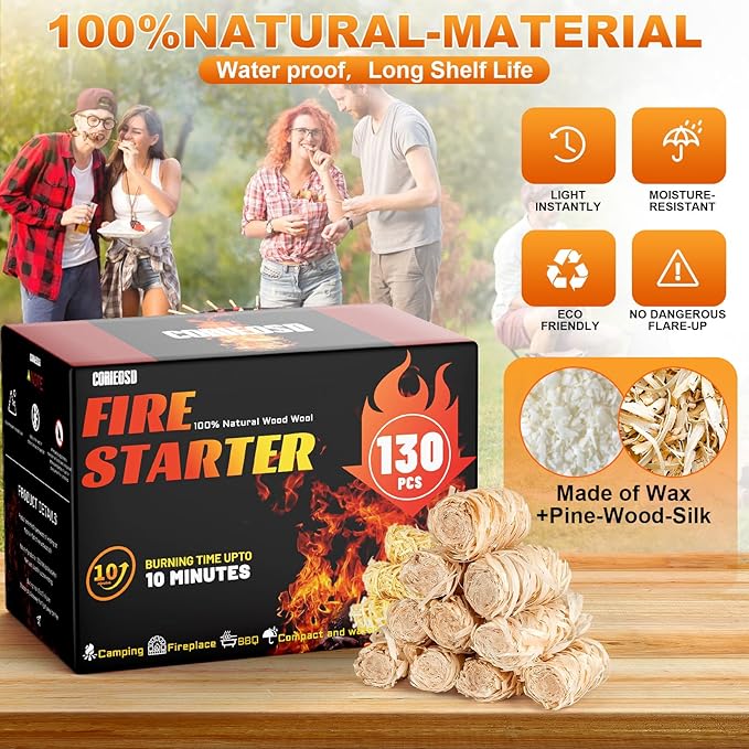 130 pcs Fire Starter-All Natural Wood Fire Starters for Fireplace,BBQ,Camping,Grill, Waterproof Quick Ignition Camp Fires tarter Accessories Kit (Indoor/Outdoor Use)