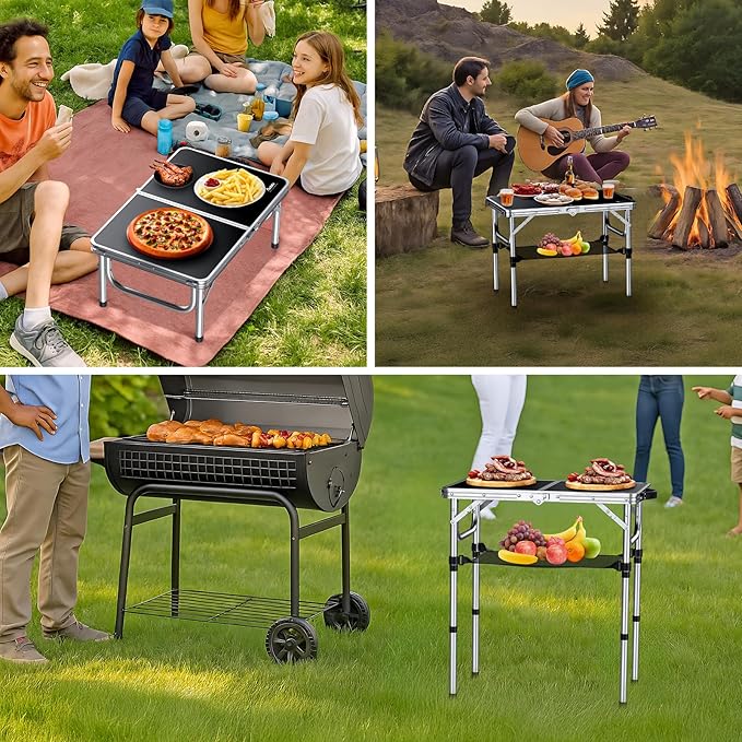 Anbte 2ft Folding Camping Table with Storage Net, 3 Adjustable Heights Small Folding Table Portable & Lightweight with Carry Handle, for Camping Fishing Picnic Beach Outdoor, 22.8"x 15.7", Silver