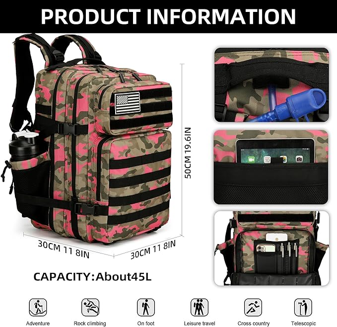 Lovelinks21 45L Tactical Assault Backpack 3 day assault pack with Molle Waterproof backpack Rucksack for Tactical Backpacks (Pink Camo)