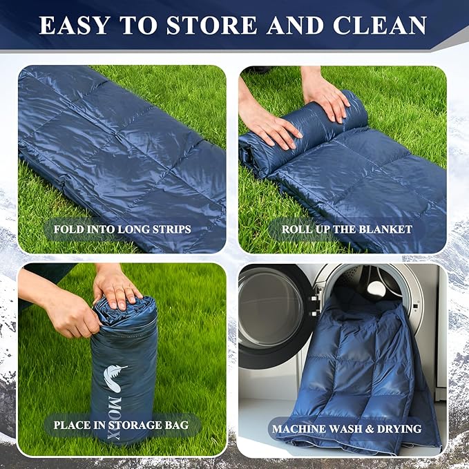 MOOX Down Camping Blanket - Packable Down Camping Quilt Backpacking Lightweight Waterproof Outdoor Hiking Stadium Warm Puffy Sleeping Bag 55"x79" Water Resistant Camp Travel Blanket, Blue Gray