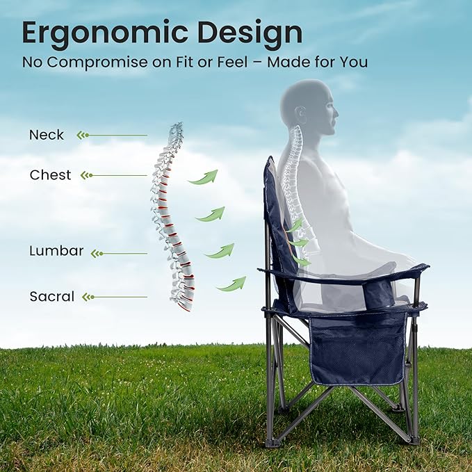 Oversized Camping Chair Heavy Duty- Portable Folding Chair, Cup Holder & Waterproof Phone Case for Adults, Beach, Hiking, Backyard (Blue & Gray, 2 PCS)