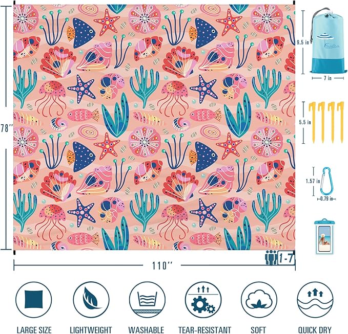Famstar Beach Blanket Sandproof Waterproof 78''×110'' 1-7Adults Oversized,Compact Lightweight Durable Beach Mat for Travel Camping Hiking Picnic Blanket