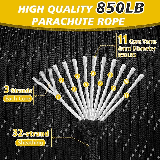 Reflective Paracord Rope 850Ib, 50/100/200/500/1000ft 4MM 11 Strand para Cords Lanyard Utility Parachute Cord for Tent Camping Hiking Tactical Clothesline Survival DIY Projects, Black 500FT