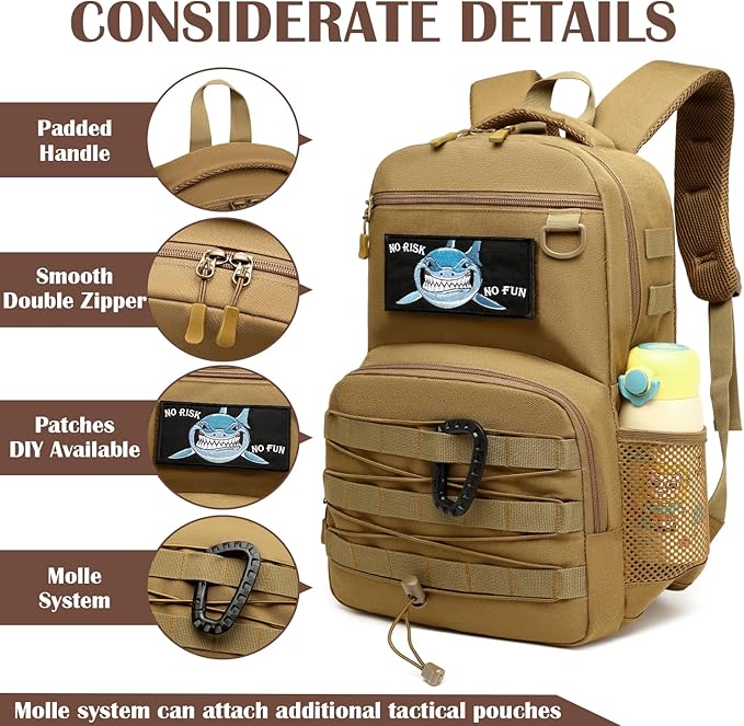 Kids Tactical Backpack Army Molle Bookbag Military Boys Backpack for School, Outdoor, Travel, Camping, Brown