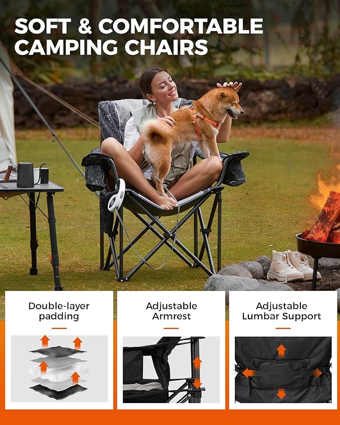 KingCamp Oversized Camping Chair with Adjustable Lumbar Support, 550lbs Heavy Duty Padded Folding Lawn Chair for Adults, Outdoor Armchair with Cooler Bag, Cup Holder & Side Pocket for Fishing, Travel