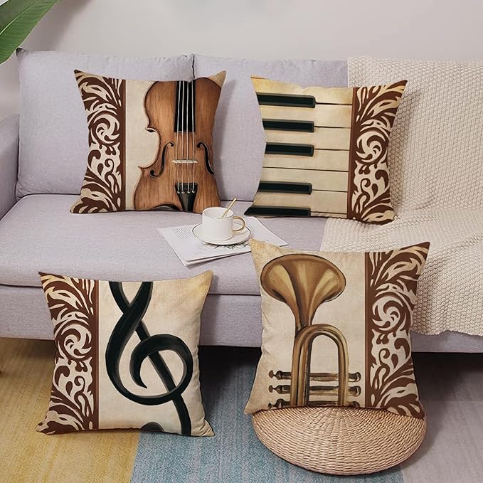 Classical Music Decorative Throw Pillow Covers 20 x 20 Set of 4, Vintage Instrument Violin Piano Trumpet Note Home Decor, Retro Sofa Couch Cushion Case Music Lover Singer Fan Housewarming Gift