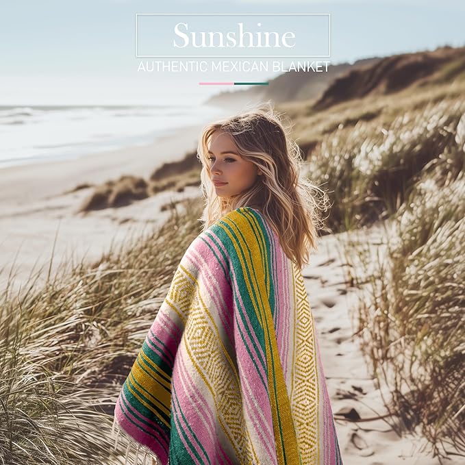 Hydration Nation Authentic Large Handwoven Mexican Striped Throw Blanket - Soft, Durable, Eco-Friendly - 70"x50" - Sunshine