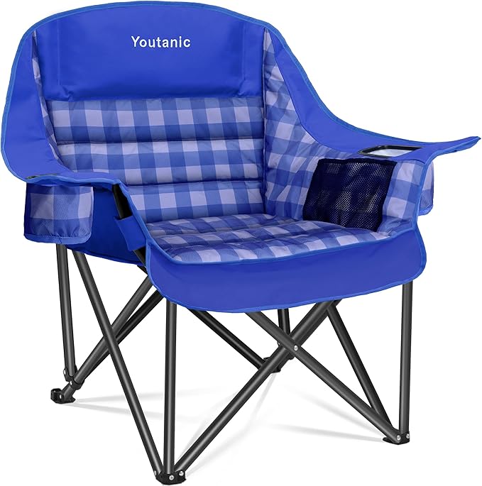 Youtanic Padded Camping Chairs for Adults, Heavy Duty 400 lbs Foldable Lawn Chair, Oversized Ergonomic Outdoor Seat with Plaid Design, Cup Holders & Storage Pockets for Fishing, Sports, Blue