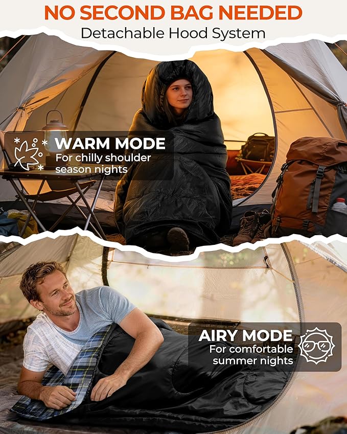 Sportneer 0 Degree Sleeping Bag for Cold Weather, XL Winter Sleeping Bag for Adults, Flannel Lined Camping Sleeping Bag, 32°F–59°F Rated, 87" x 33.5", 4.4 lbs, Detachable Hood, Compression Sack