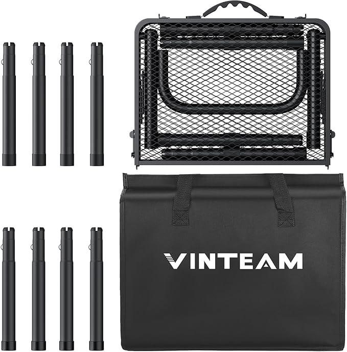 VINTEAM Camping Folding Grill Table | 3 Adjustable Heights | Lightweight, Portable Aluminum Table for BBQs, Picnic, and Outdoor Use | Mesh Desktop, 66lbs Weight Capacity