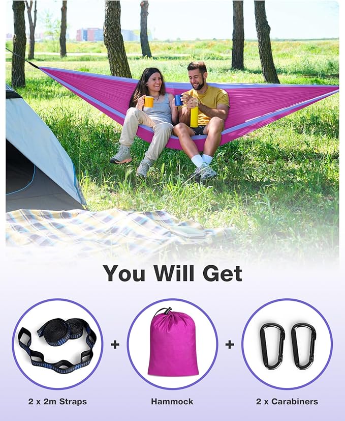 MOSFiATA Camping Hammock, Heavy Duty up to 700lbs with 2 Tree Straps and Attached Carry Bag Portable Outdoor Hammock for Backpacking Hiking Travel,Beach (Pink Purple)
