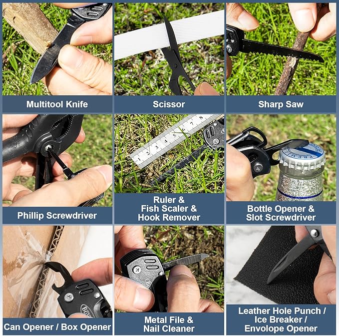 Bovgero Multitool Knife, 16 in 1 Pocket Knife, Handmade Multi Tool Knife, Birthday Christmas Gift for Men Women Him Her Boyfriend Girlfriend Dad Husband, Black