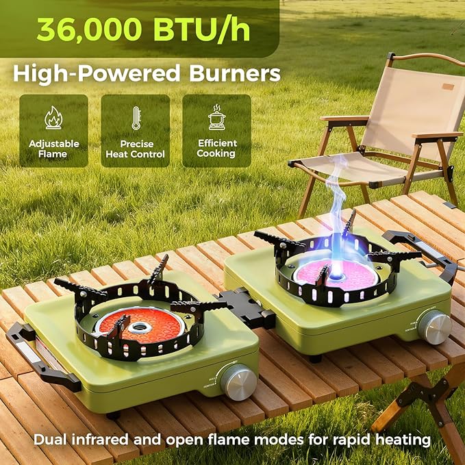 MoKo Propane Camping Stove 2 Burner, 36,000 BTU Infrared & Open Flame Hybrid, Windproof Folding Portable Outdoor Gas Cooking Kit with Frying Pan & Carry Bag For RV, Tailgating, Survival, Green
