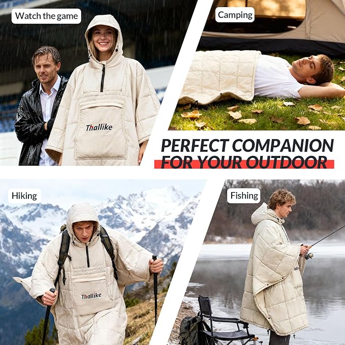 Camping Blanket with Zipper Pocket, 85'' x 61'' Large Wearable Hooded Blanket, Ultralight Warm Sleeping Bag, Windproof Camping Poncho for Outdoor Stadium Sports Gaming Hiking Picnic Concerts