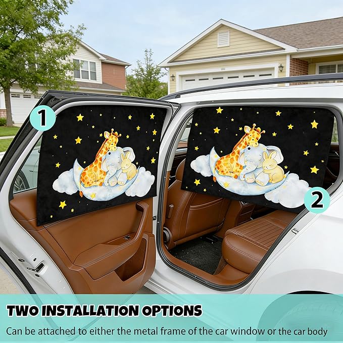 Car Window Shade for Baby, 2 Pack Double Layer with 7 Strong Magnets, Cute Giraffe & Star Design Baby Sun Shade for Car Window, Adjustable Blackout & See-Through Privacy Curtains UV Protection
