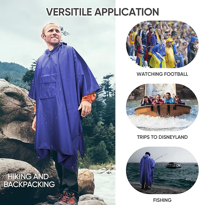 PTEROMY 3-in-1 Hooded Rain Poncho for Adult with Pocket, Waterproof Lightweight Unisex Raincoat for Hiking Camping Emergency
