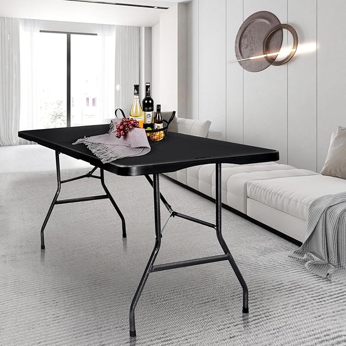 Byliable Folding Table 6ft Portable Heavy Duty Plastic Fold-in-Half 6 Foot Foldable Table Utility Dining Indoor Outdoor for Camping Picnic and Party, Black