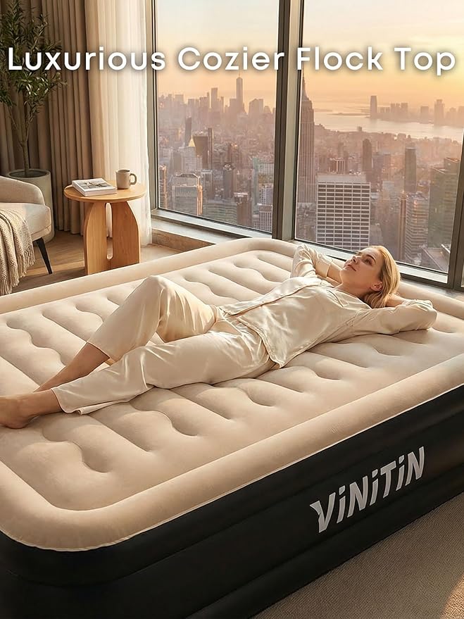 Queen Air Mattress with Built-in Pump, 16" Elevated Inflatable Bed for Home & Guests, Self-Inflating Blow Up Mattress with Flocked Top & Storage Bag, 660lb Max Weight, Matt Black