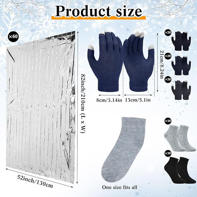 180 Pcs Homeless Care Package Supplies Bulk Winter Emergency Thermal Blankets Warm Socks Touchscreen Gloves Space Blanket Survival for Cold Weather Outdoor for Men Women(Classic Colors)