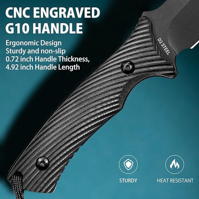 LOTHAR KA52 Fixed Blade Knife, Sharp D2 Steel Blade Survival Knives with Kydex Sheath, Hunting Knives with G10 Handle, Camping Bushcraft Knife for Outdoor, Camping Gifts For Men
