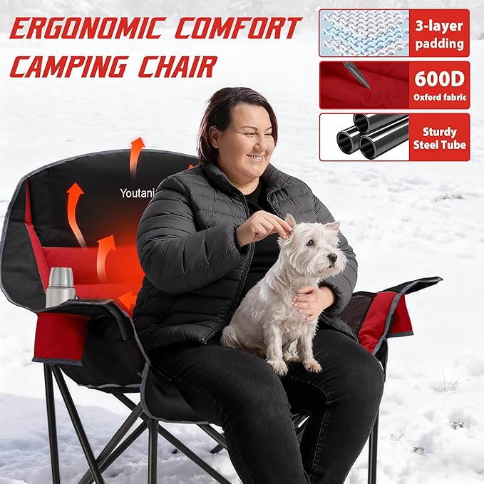 Youtanic Heated Camping Chair, 3 Heat Levels Oversized Padded Lawn Chair with Side Pockets and Cup Holder, Outdoor Heating Folding Camp Chair for Adults, Fishing, Sports, Picnic, up to 500lbs, Style 2