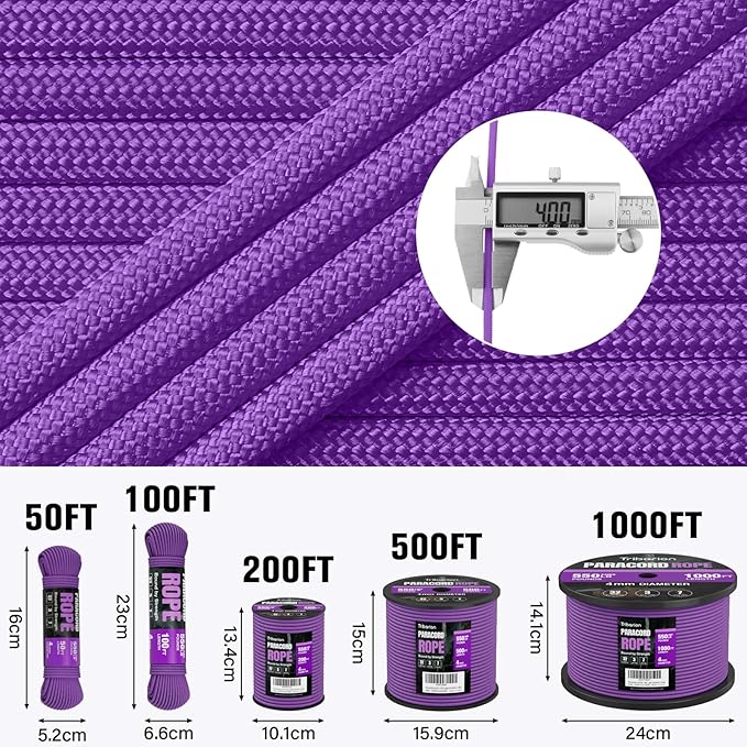 Paracord Rope 750 lb - 500ft 5/32" Parachute Cord 4MM 12-Strand para Cord - Heavy Duty Spool String for Survival,Camping Gear, Survival Bracelet, Clothesline - Purple