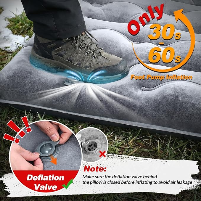 KASBAH Camping Sleeping Pad, 5.5 R-Value Thick 6 inch Camping Mat with Pillow Built-in Foot Pump Inflatable Sleeping Pads Compact for Camping Backpacking Hiking Traveling