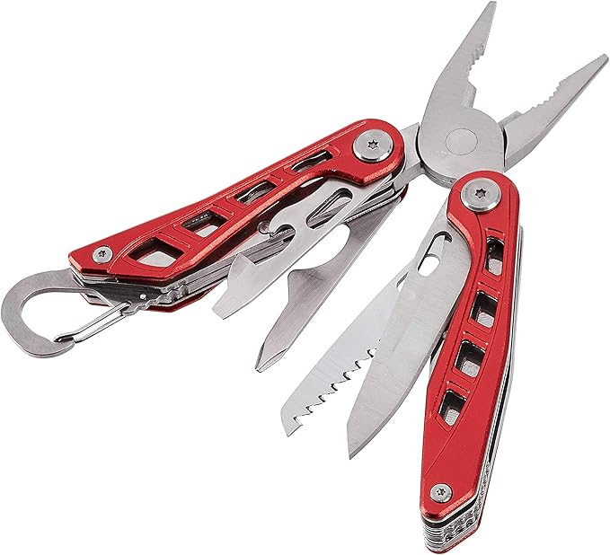 Amazon Basics 8-in-1 Stainless Steel Multitool with Safety Lock and Nylon Sheath, Red